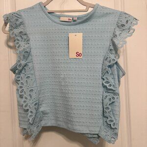 NWT So Light Blue Cropped Tank with Ruffle Embroidered Mock Cap Sleeves